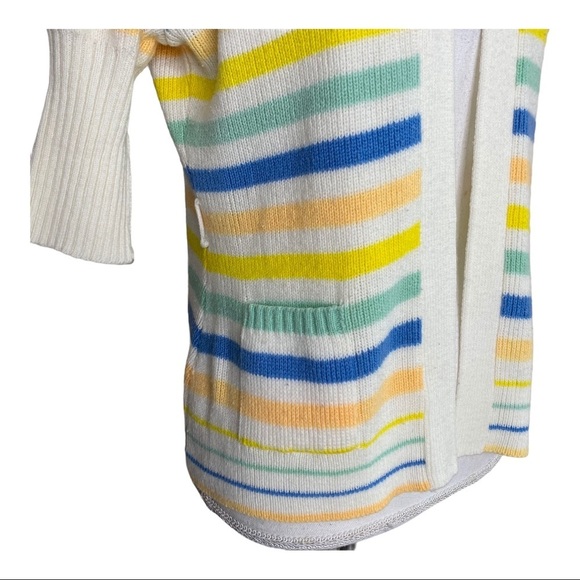 Vintage Knit Open Front Cardigan Pockets Pastel Stripes White Yellow Blue - Picture 3 of 9